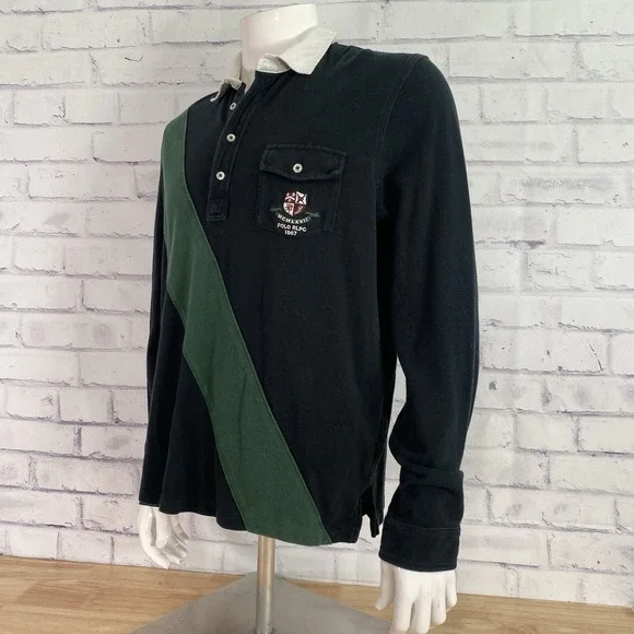 Polo Ralph Lauren Shirt Men's Large Rugby Polo Long Sleeve Crest Black Pocket - Picture 4 of 13